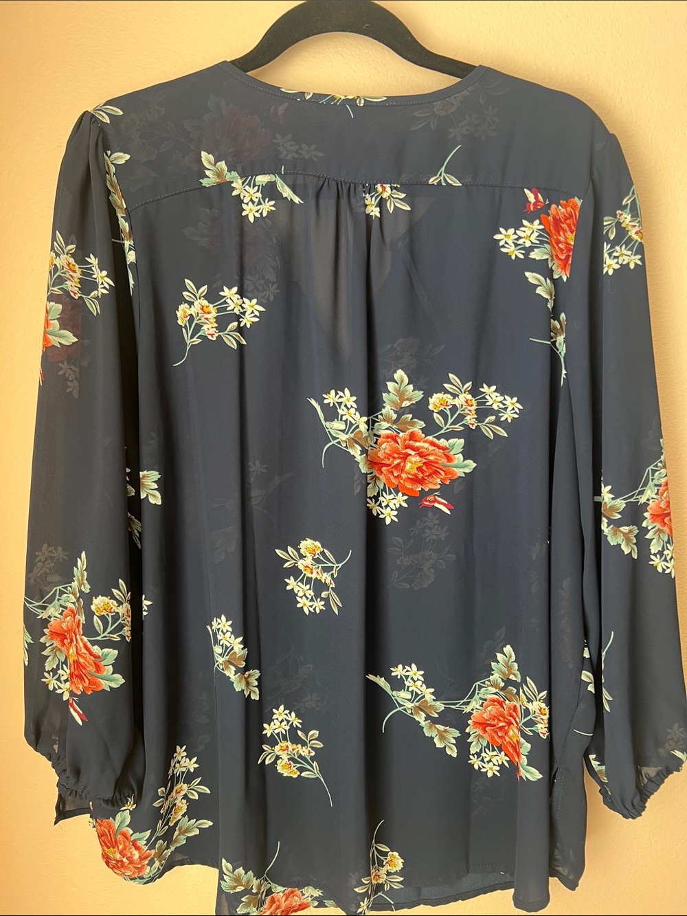 fun 2 fun Navy Floral V-Neck Blouse with Red Blooms - Picture 3 of 3